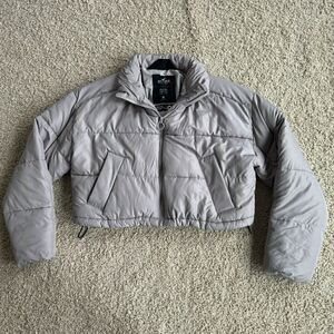 Hollister Mini Puffer Jacket Coat Size Medium Like New Grey Tan